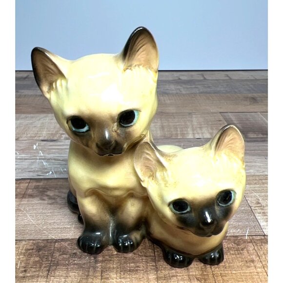 Vintage Ceramic Siamese Cat Figurine Pair - Yellow & Brown Glaze - Mid-Century - Picture 1 of 5